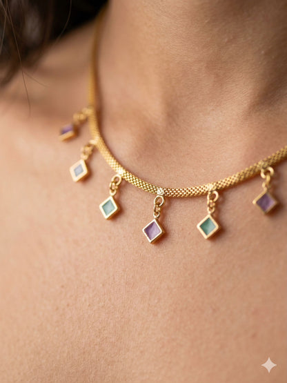 Elegant Pastel Charm Gold Plated Necklace – Multicolor Diamond Drop Daily Wear Chain