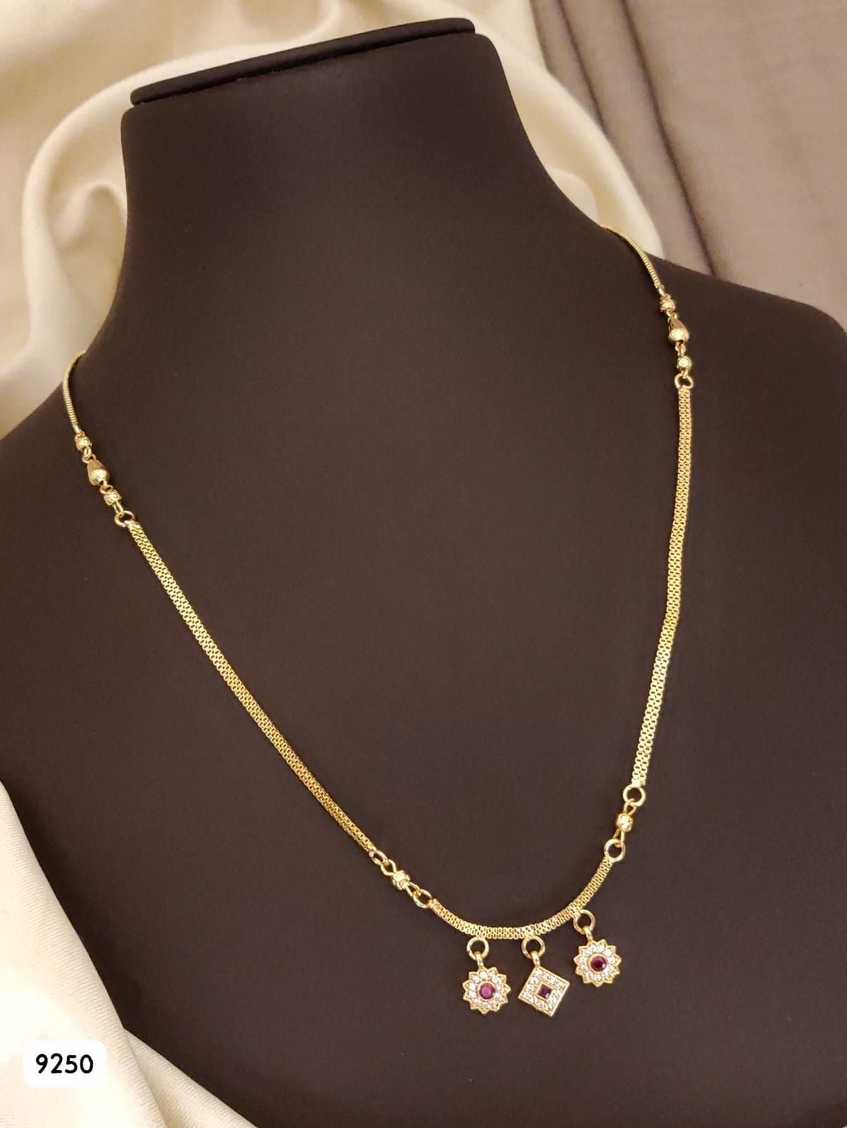 Delicate Gold Chain with Floral Ruby Pendants
