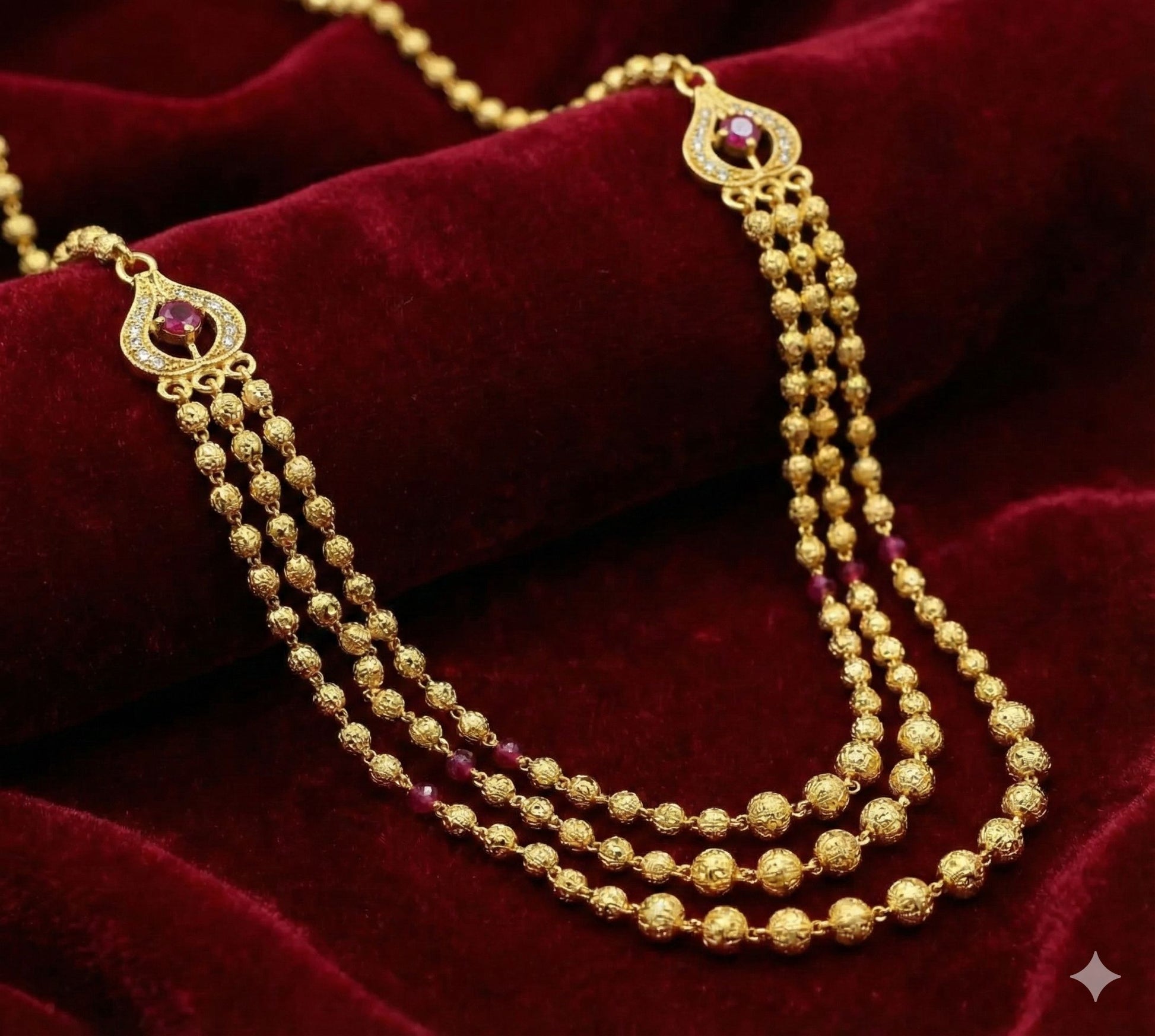 Royal Ruby Triple Layer Gold Bead Necklace