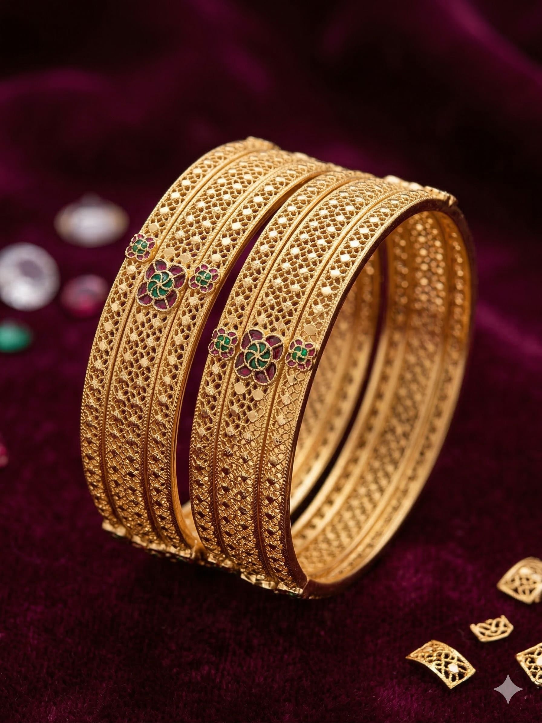 Royal Floral Filigree Micro Gold Plated Ruby & Emerald Stone Studded Fancy Bangles Set