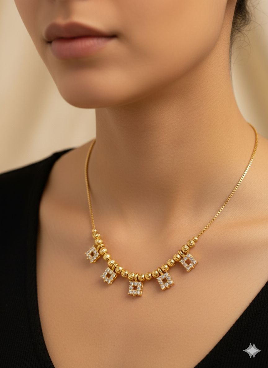 Micro Gold Plated American Diamond Studded Square Drop Necklace Chain For Women