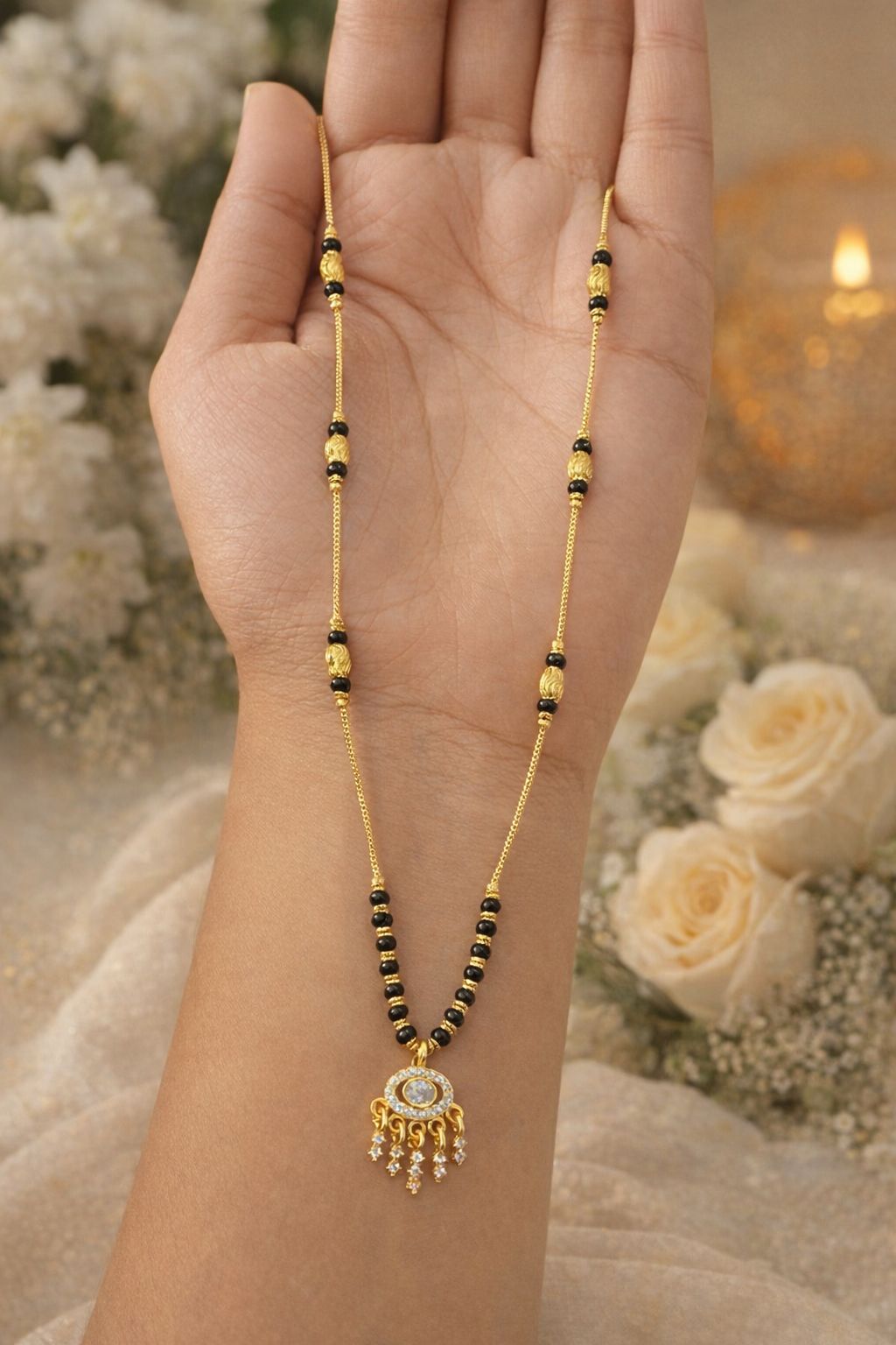 Graceful Black Gold Plated Bead And Diamond Pendant Mangalsutra