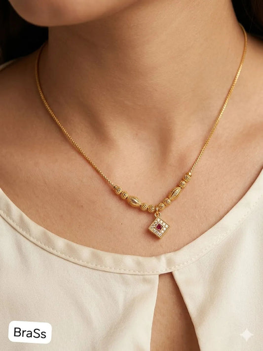 Elegant Gold Beaded Necklace with Ruby-Inspired 18 inches Pendant
