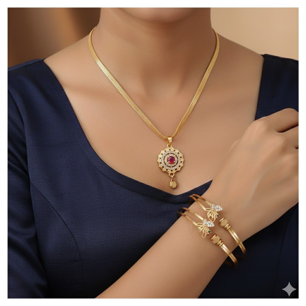 Micro Gold Plated And Diamond Studded Fancy Flower Pendant with 18 Inches Chain with Adjustable Bangle