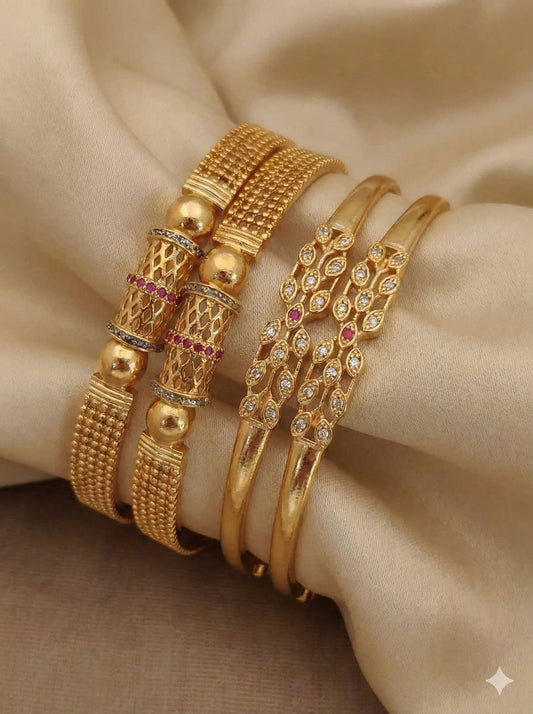 Micro Gold Plated And Diamond Studded Fancy Flower Design Bangle Combo