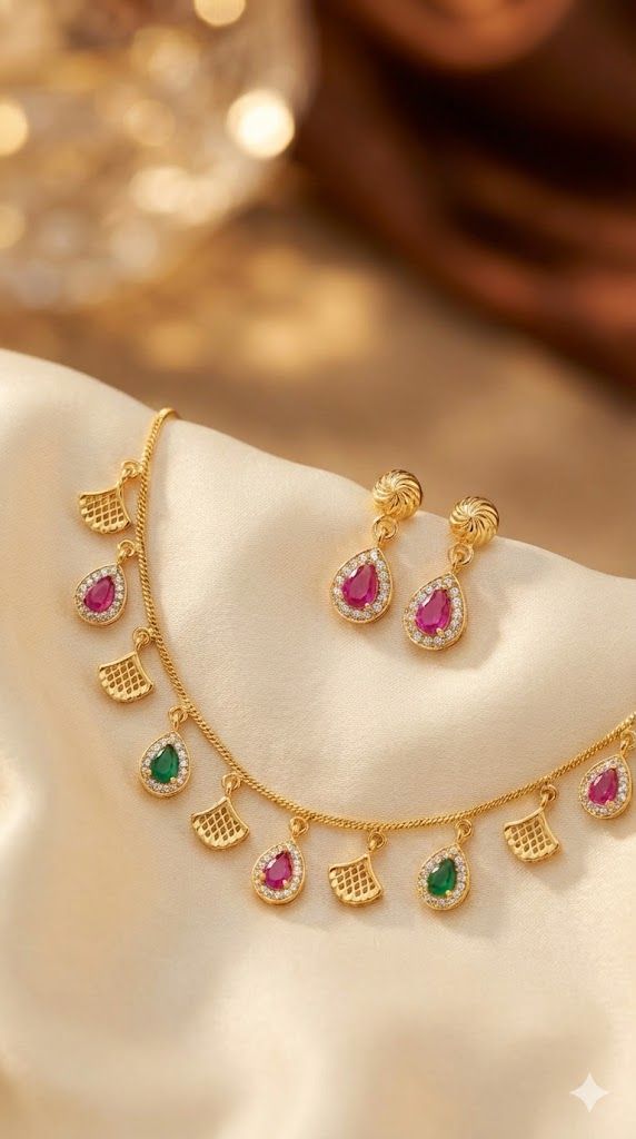 Micro Gold Plated Ruby & Emerald Drop Charm Necklace with Matching Earrings – Elegant Daily Wear Set