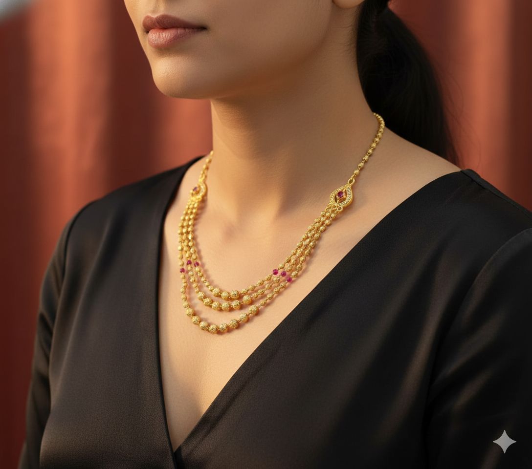 Royal Ruby Triple Layer Gold Bead Necklace