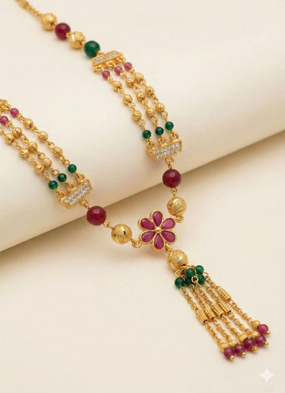 Micro Gold Plated Ruby–Emerald Floral Layered 3 Chain Combo
