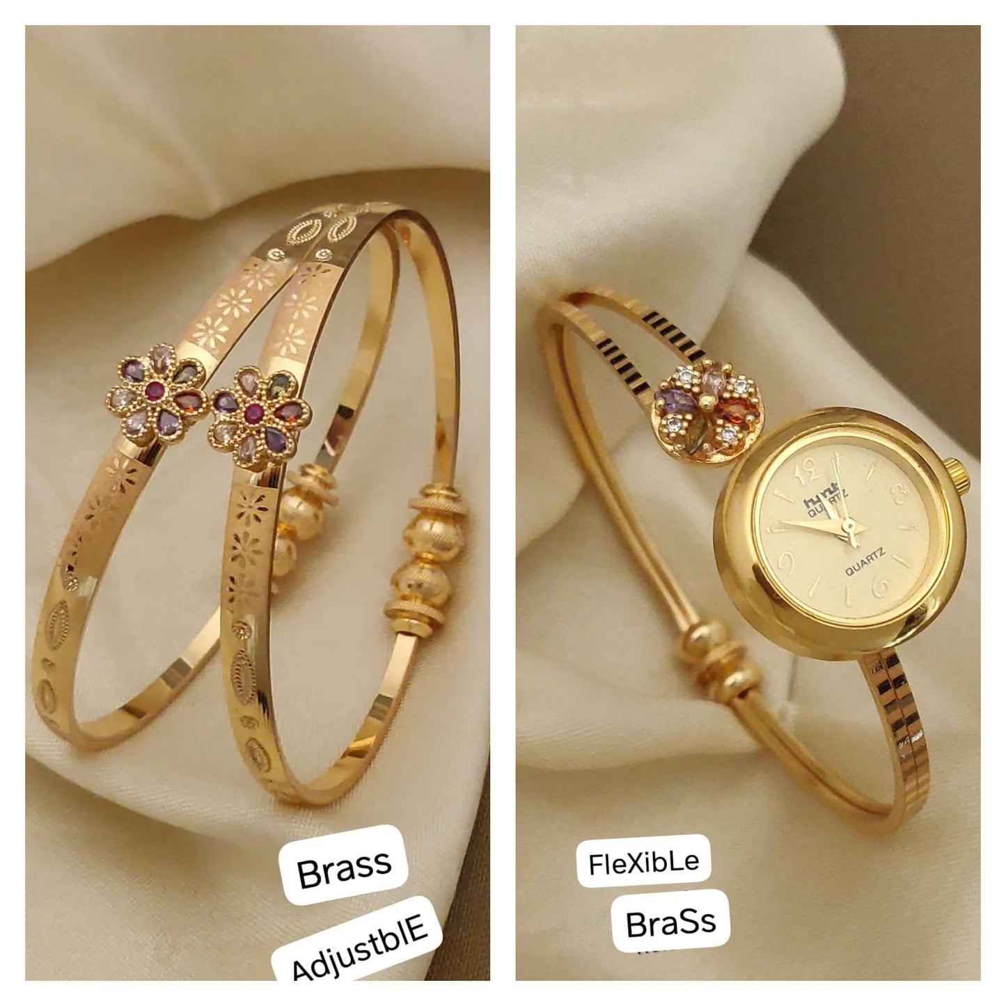 Micro Gold Plated And Diamond Studded Fancy Adjustable Bangle with Adjustable Bracelet Watch
