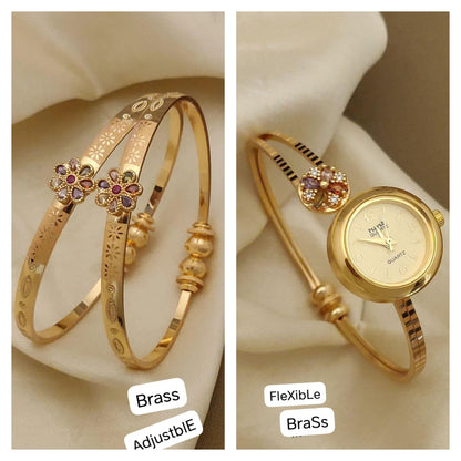 Micro Gold Plated And Diamond Studded Fancy Adjustable Bangle with Adjustable Bracelet Watch