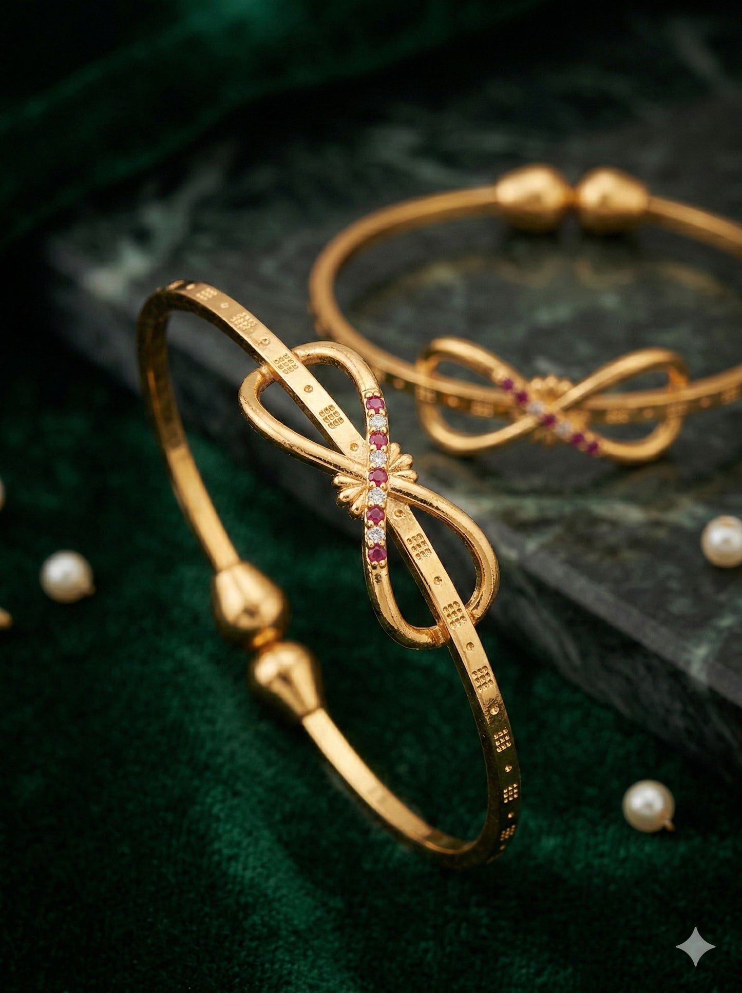 Elegant Infinity Bow Micro Gold Plated Ruby And Designer Bangles (Set Of 2)