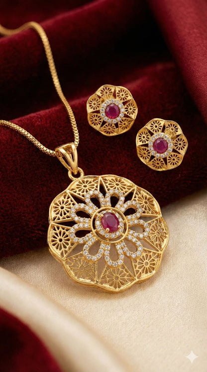 Micro Gold Plated Daily Wear Flower Design Fancy Pendant Set