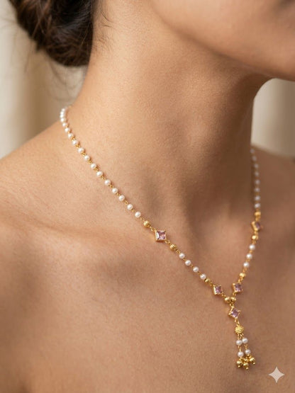 Micro Gold Plated Pearl 18 iches Chain with Pink Stone Accents & Elegant Drop