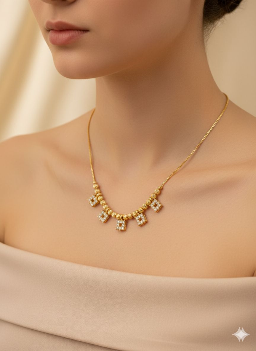 Micro Gold Plated American Diamond Studded Square Drop Necklace Chain For Women