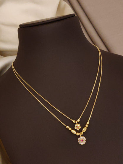 Micro Gold Plated Dual Layer Floral Pendant Necklace – AD Diamond Studded Elegant Daily Wear Chain