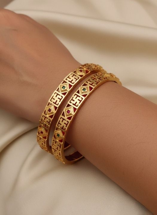 Divine Swastik Micro Gold Plated Kundan Bangles – Traditional Auspicious Design