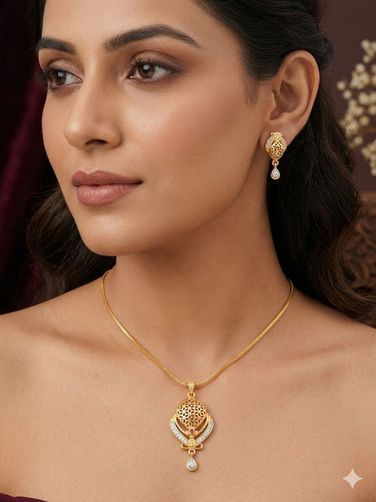 Elegant Gold-Plated Filigree Pendant Necklace Set with AD Stone Drops with 18 inches chain