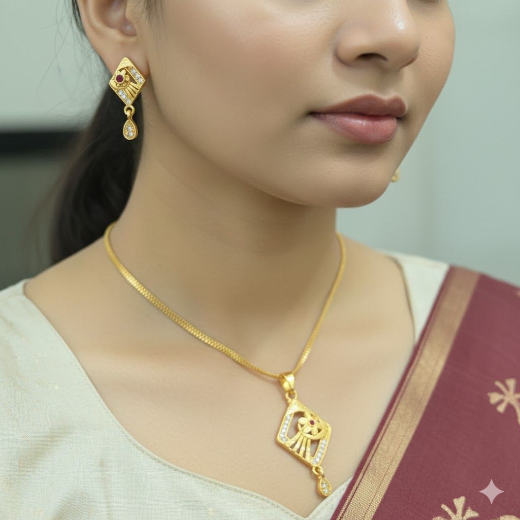 Micro Gold Plated Floral And Pendant Set with Earrings