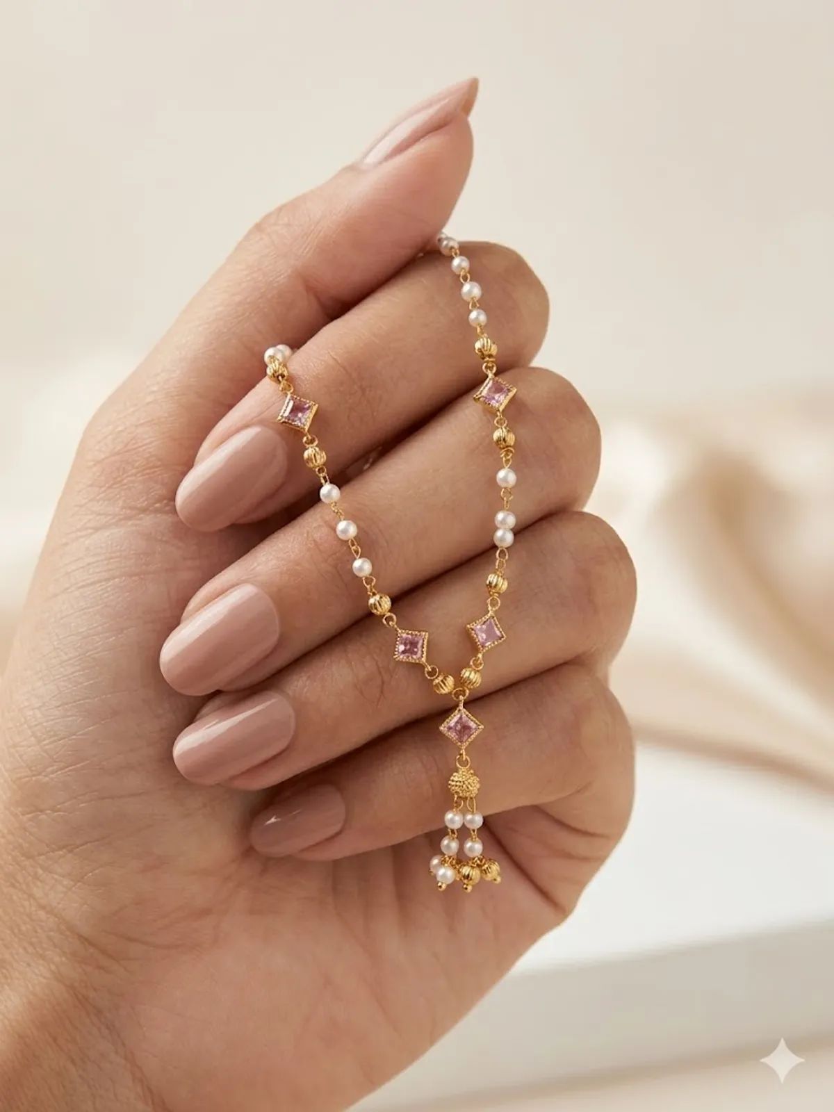 Micro Gold Plated Pearl 18 iches Chain with Pink Stone Accents & Elegant Drop