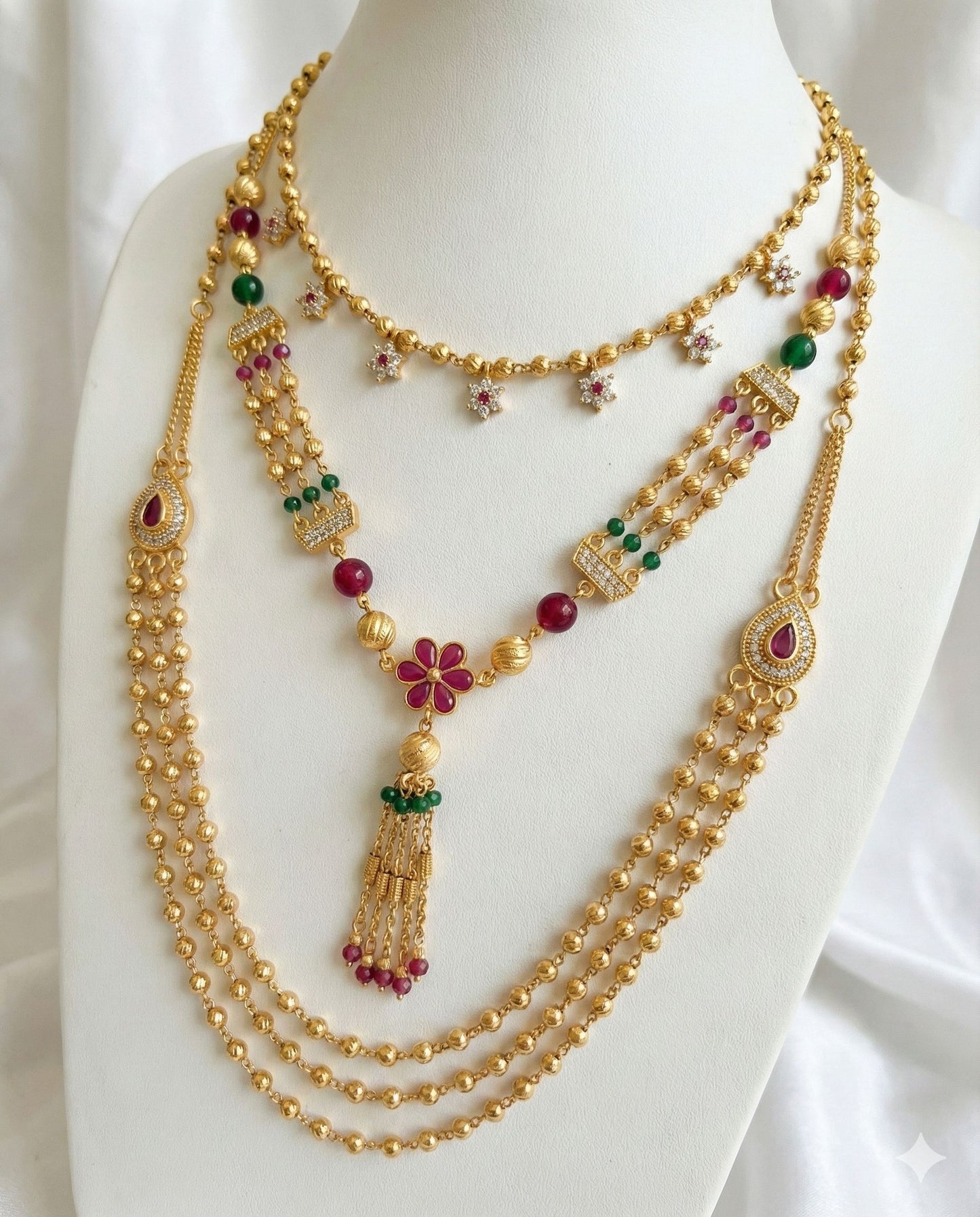 Micro Gold Plated Ruby–Emerald Floral Layered 3 Chain Combo