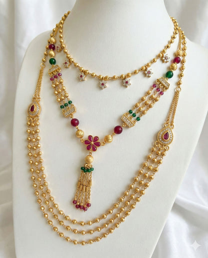 Micro Gold Plated Ruby–Emerald Floral Layered 3 Chain Combo