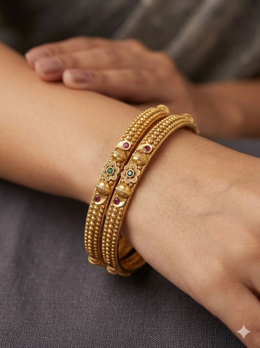 Elegant Traditional Daily Wear Gold floral Bangles with Gemstone Detailing
