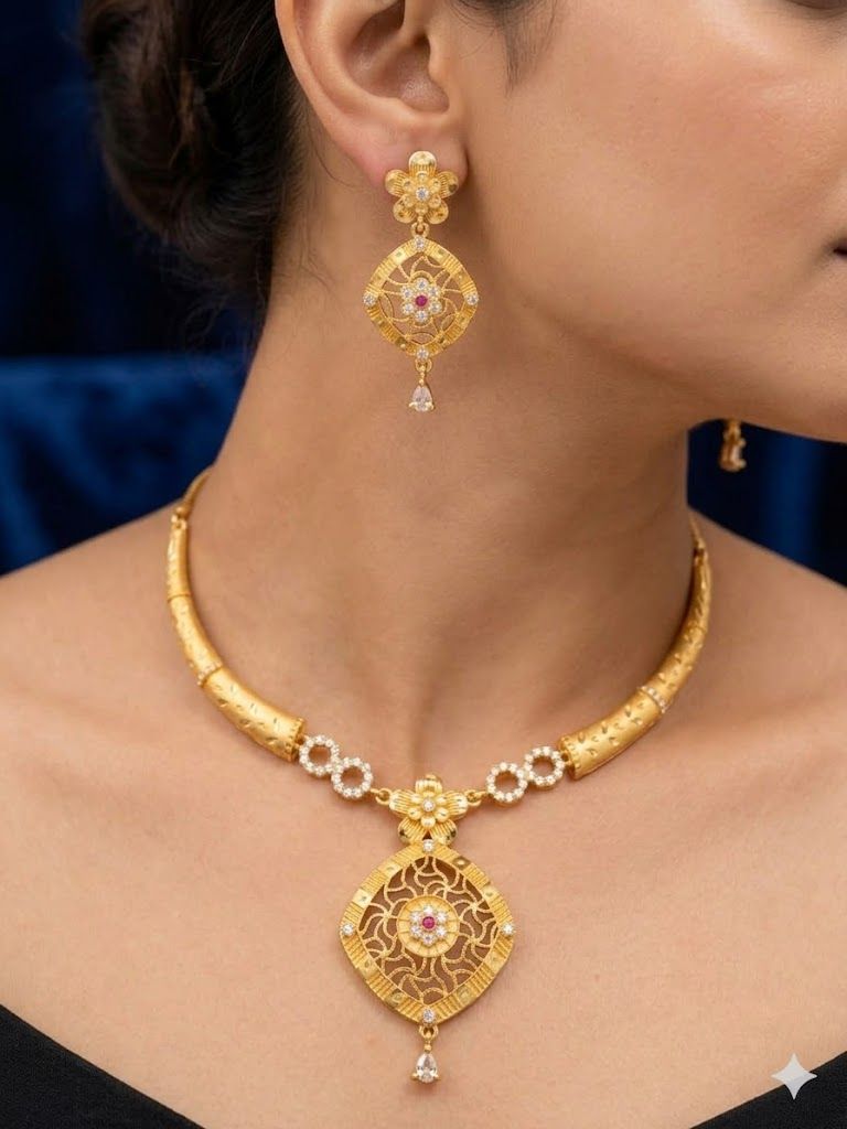 Royal Floral Filigree Micro Gold Plated AD Stone Studded Pendant Set with Earrings