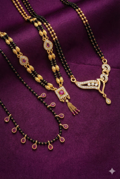 Micro Gold Plated Ruby-Style Mangalsutra Set For Women (Pack Of 3)