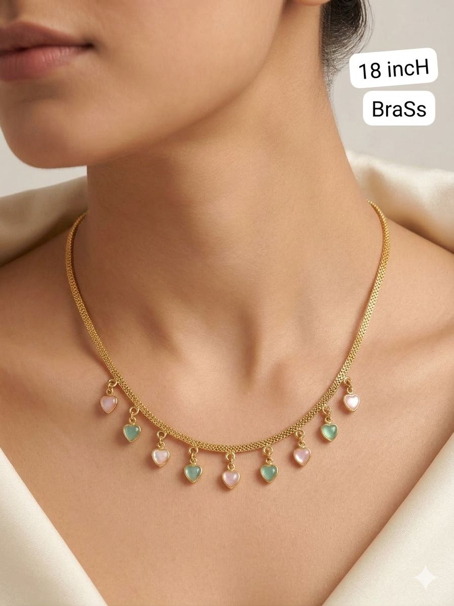 Elegant Heart Charm Pastel Drop Necklace – Micro Gold Plated 18 Inch Brass Chain