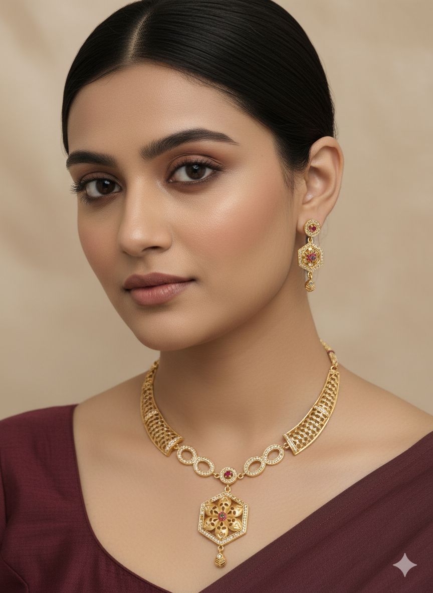 Elegant Gold Plated Flower Design Necklace Set with And Diamonds