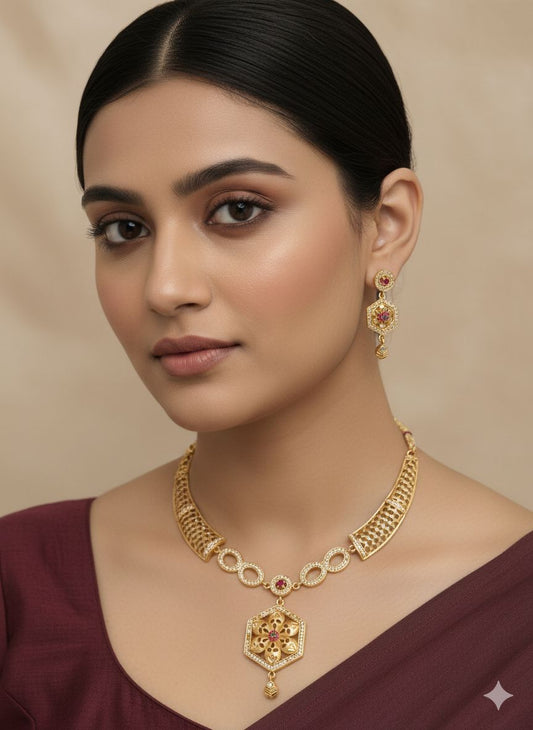Elegant Gold Plated Flower Design Necklace Set with And Diamonds