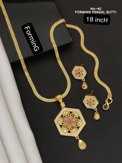 Beautiful Golden Floral And Diamond Pendant & Earring Set with Elegant Chain
