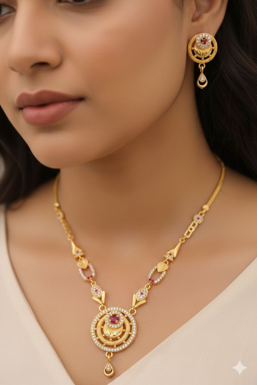 Micro Gold Plated Daily Wear And Diamond Studded Fancy Flower Moon Design Forming Necklace with Earring