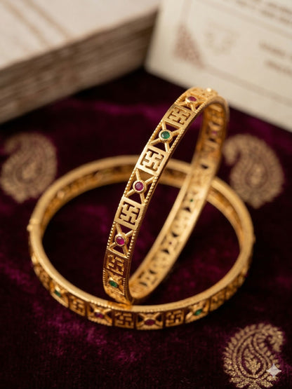 Heritage Swastik Gold plated 2 pcs bangle with Multicolor Stones