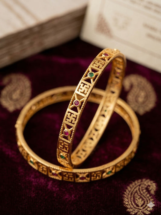 Heritage Swastik Gold plated 2 pcs bangle with Multicolor Stones