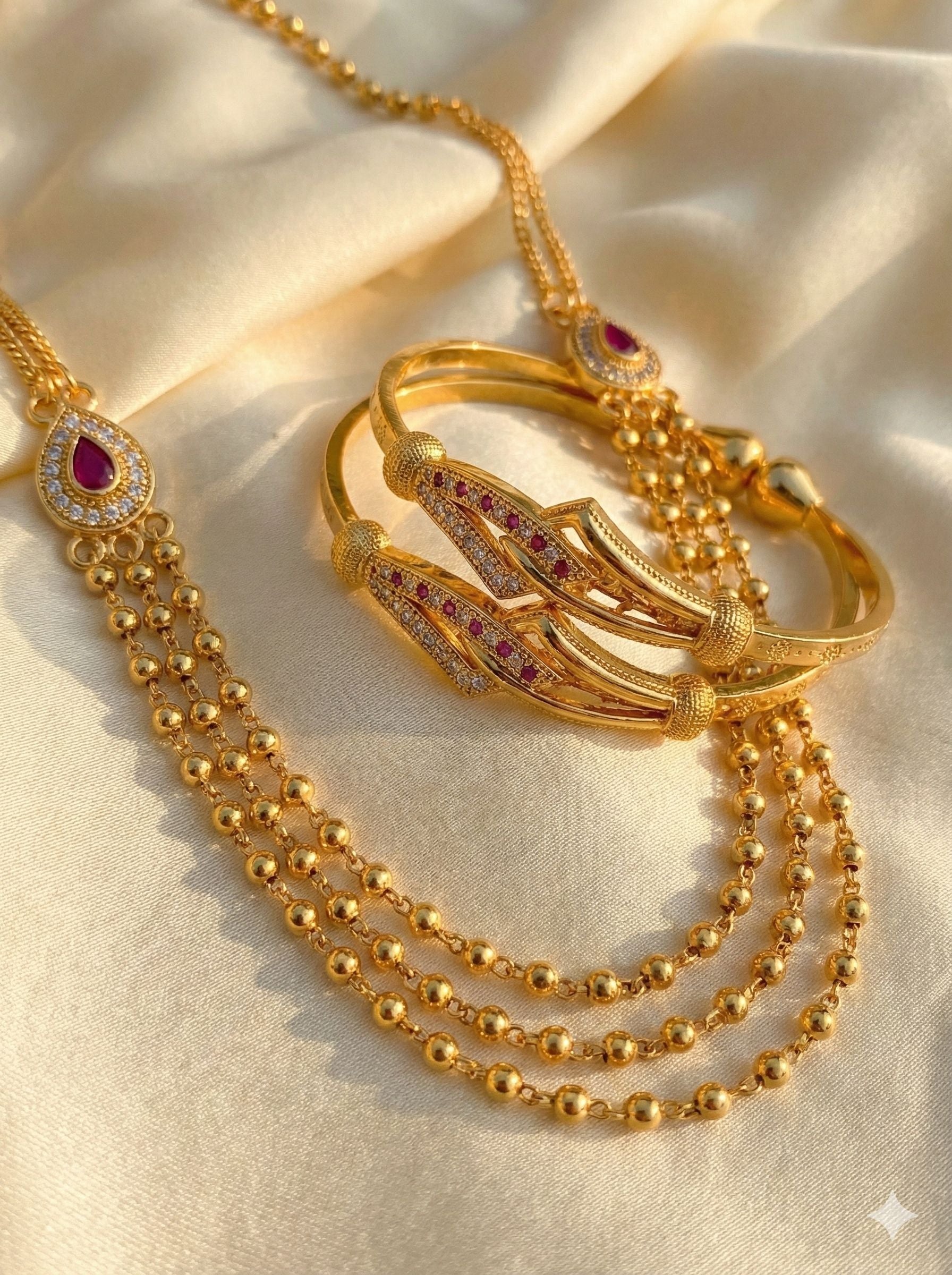 Elegant Ruby Drop Gold-Plated 3 Layer Diamond Chain & Bangle Combo
