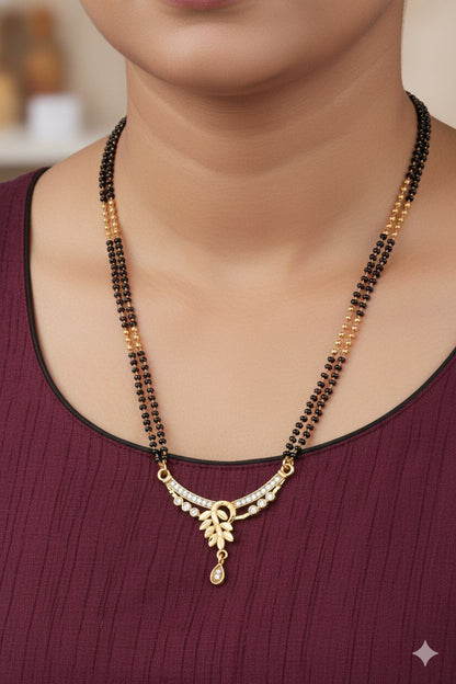 Micro Gold Plated And Diamond Leaf Design 24 Inches Mangalsutra with Drop Pendant