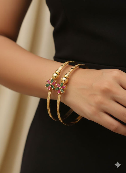 Micro Gold Plated And Diamond Studded Fancy Flower Design Adjustable Kadas Bangle