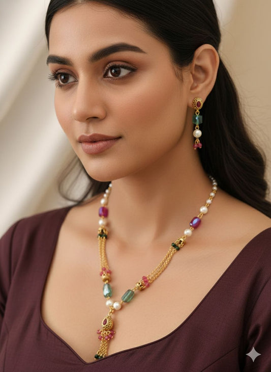 Designer High Gold Plated And Diamond Studded Fancy Crystal Pearl Mala with Earring