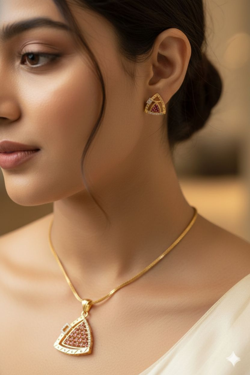 Micro Gold Plated Royal Ruby Triangle -Shaped Pendant Set with Earrings