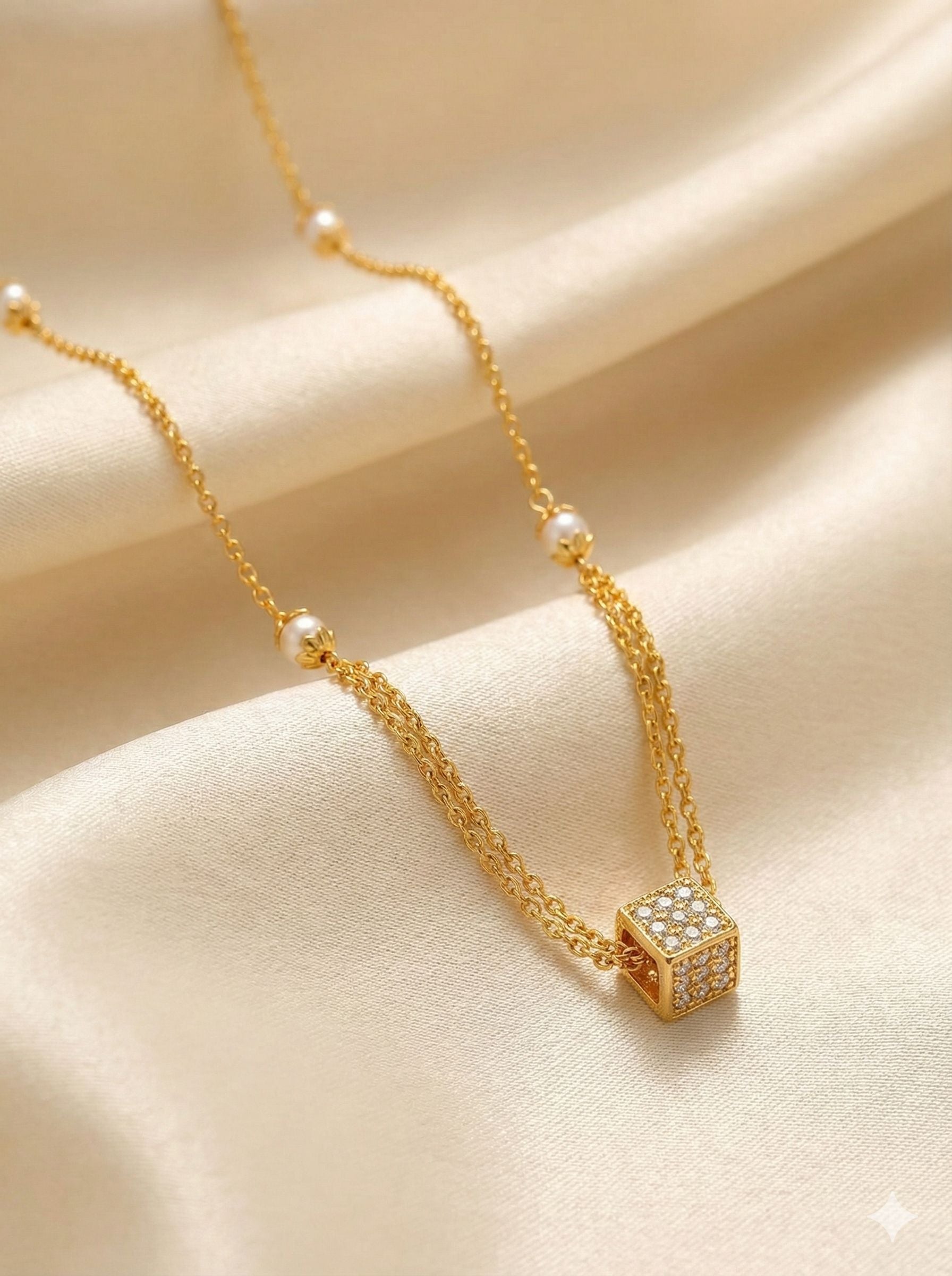 Micro Gold Plated And Diamond Cube Pendant Chain with Gold Beaded Long Ball Mala