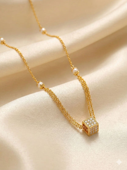 Micro Gold Plated And Diamond Cube Pendant Chain with Gold Beaded Long Ball Mala