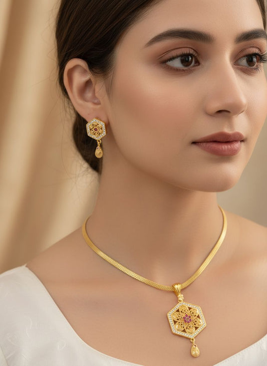 Micro Gold Plated And Diamond Studded Fancy Pendant with Earring