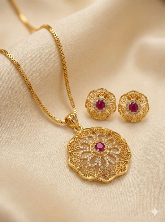 Micro Gold Plated Daily Wear Flower Design Fancy Pendant Set