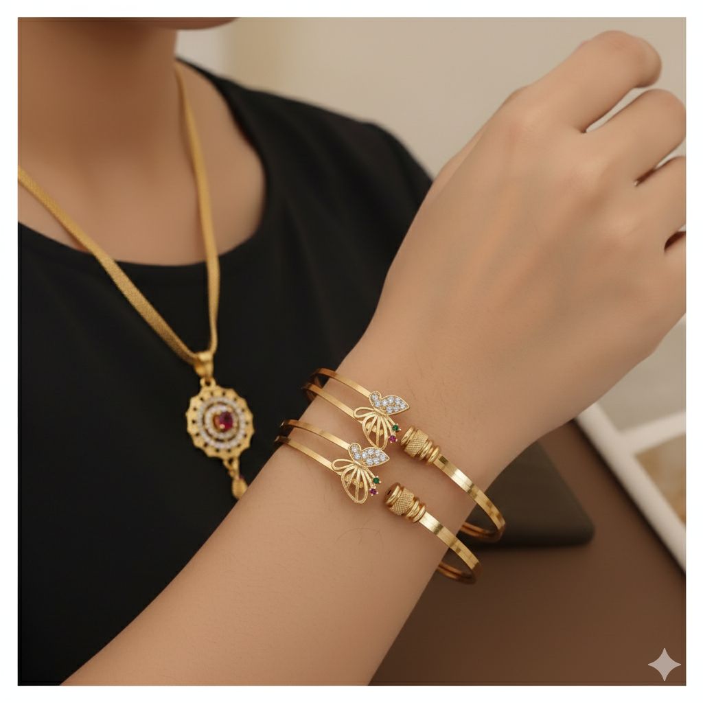 Micro Gold Plated And Diamond Studded Fancy Flower Pendant with 18 Inches Chain with Adjustable Bangle