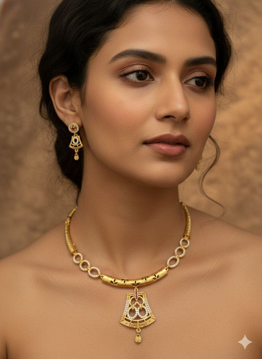 Elegant Micro Gold Plated And Diamond Pendant Necklace Set with Matching Earrings
