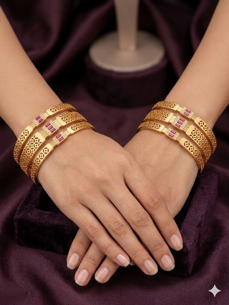 Micro Gold Plated  Designer And Diamonds 6 Pcs Bangles