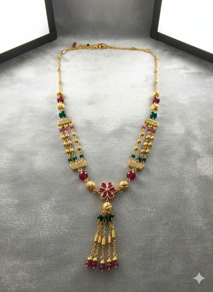 Golden Ruby And And Diamond Floral Pendant Chain For Women