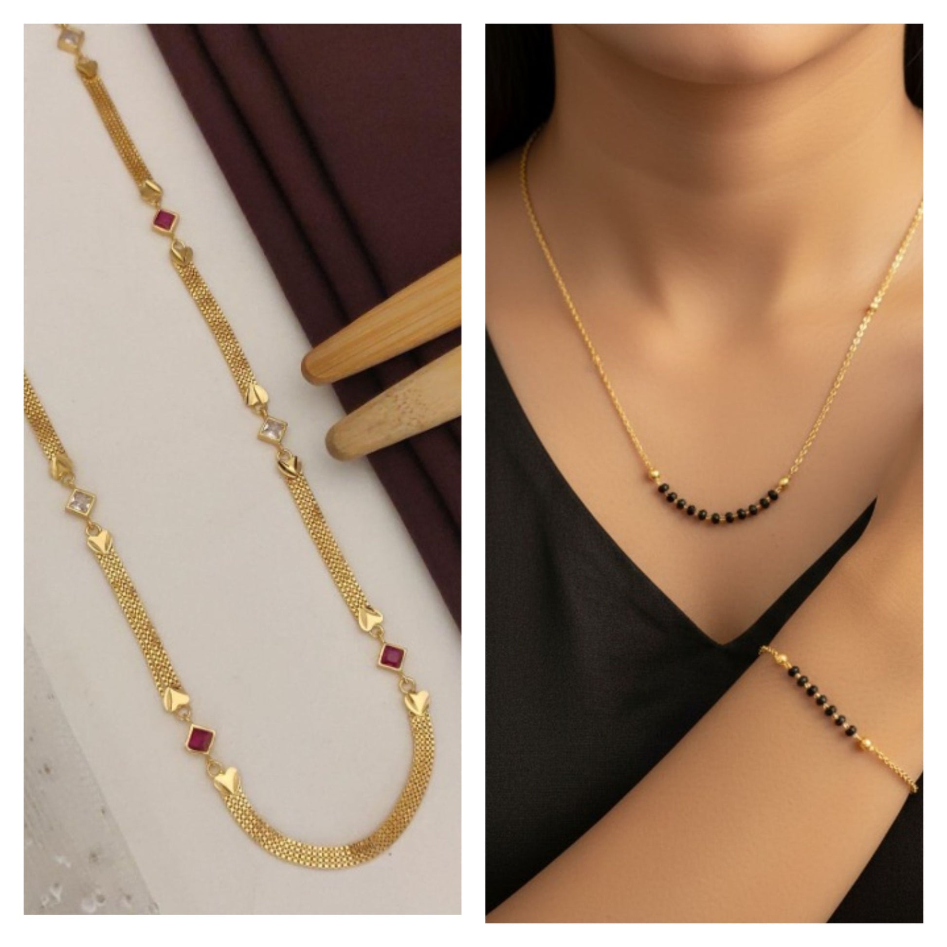 Elegant Micro Gold Plated  Daily Wear Long Chain with Black Pearl Beaded Mangalsutra with Bracelet Combo
