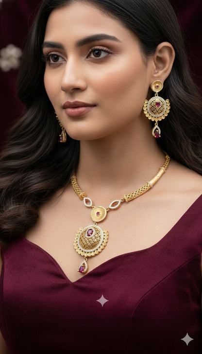 Royal Ruby Filigree Necklace Set – Micro Gold Plated AD Diamond Jewelry